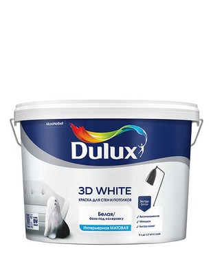 Краска для стен и потолков DULUX 3D WHITE экстра белая матовая, база BW 9 л